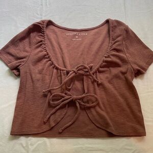 Aeropostale brown crop top t-shirt with two string tie in front